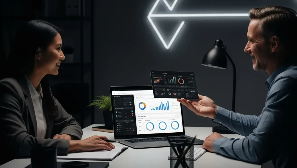 Two professionals sitting at a desk discussing data displayed on a laptop and a tablet, with charts and graphs visible on the screens.