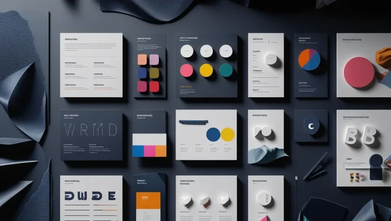 Flat lay of modern branding and design mockups including color palettes, typography samples, and logo concepts on a dark background.