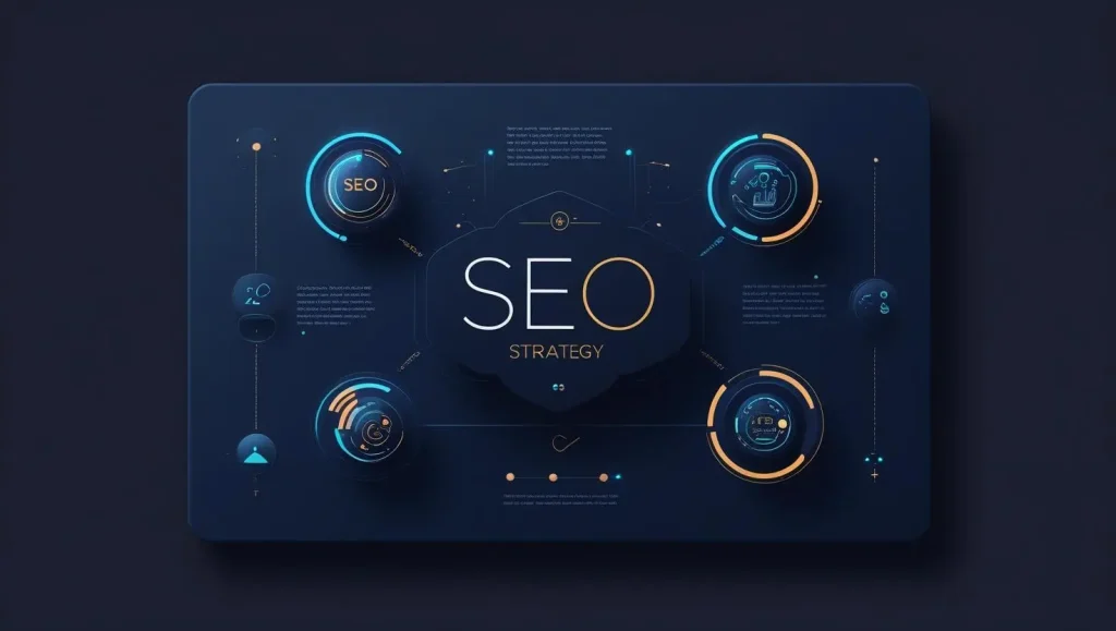 Futuristic digital illustration with the words "SEO Strategy" surrounded by glowing circular infographic elements.