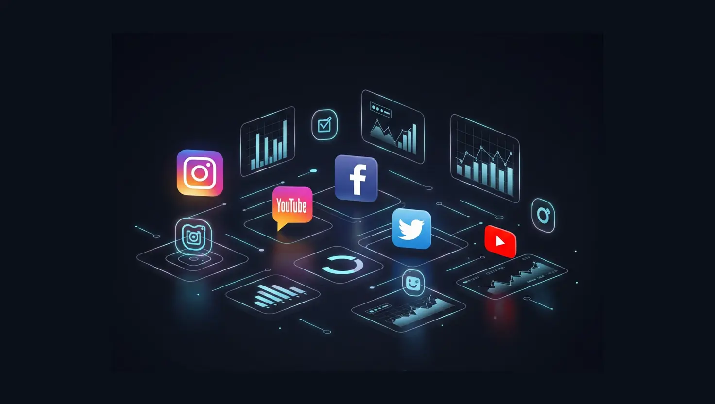 Digital illustration of social media icons including Instagram, Facebook, YouTube, and Twitter surrounded by analytics charts.