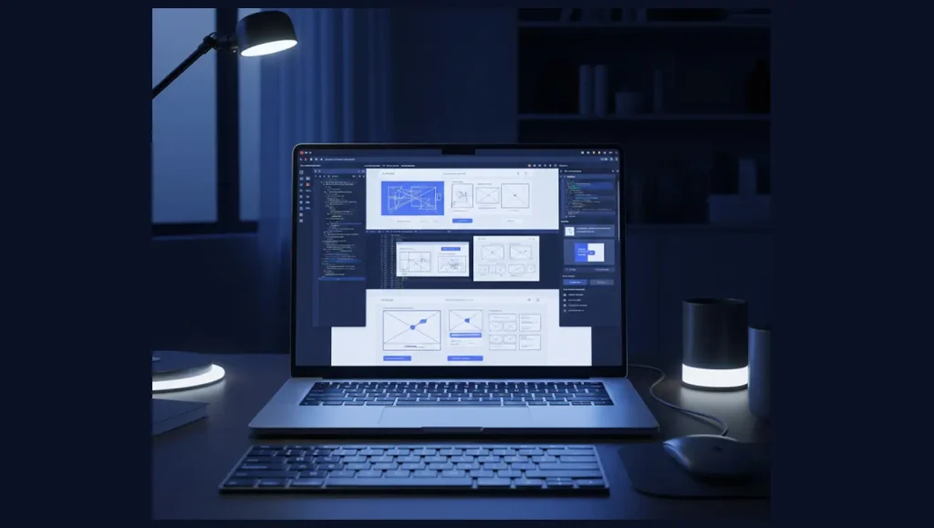 Laptop on a desk displaying a web design and coding interface, illuminated by a desk lamp in a dark room.